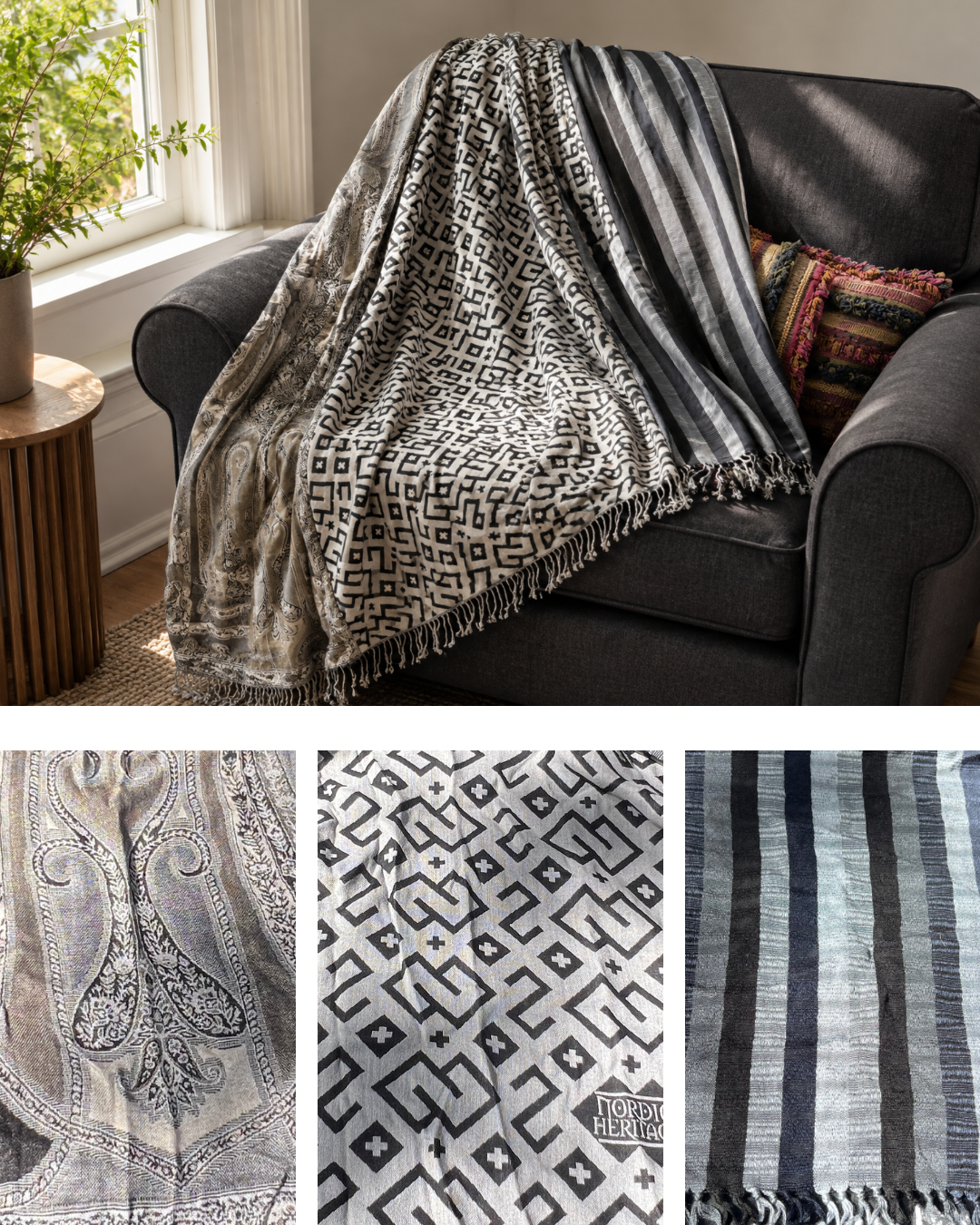 Blanket Boho Throw Neutrals - Upcycled Pashmina Scarf Throw