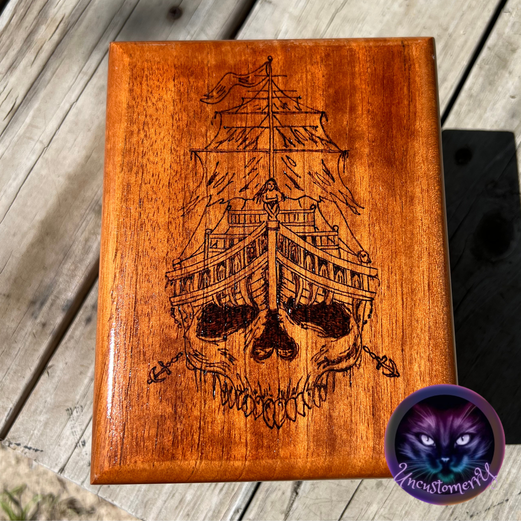 Box, Wood Burned Pirate Ship | Handcrafted Nautical Storage for Tarot, Treasures & Collectibles