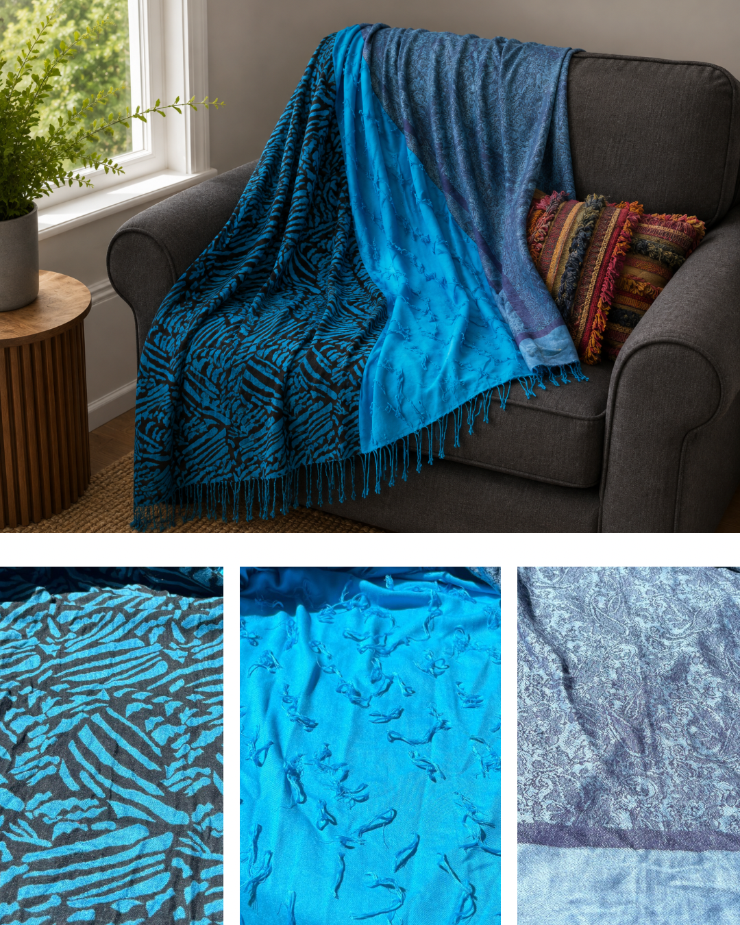 Blanket Boho Throw Blues - Upcycled Pashmina Scarf Throw