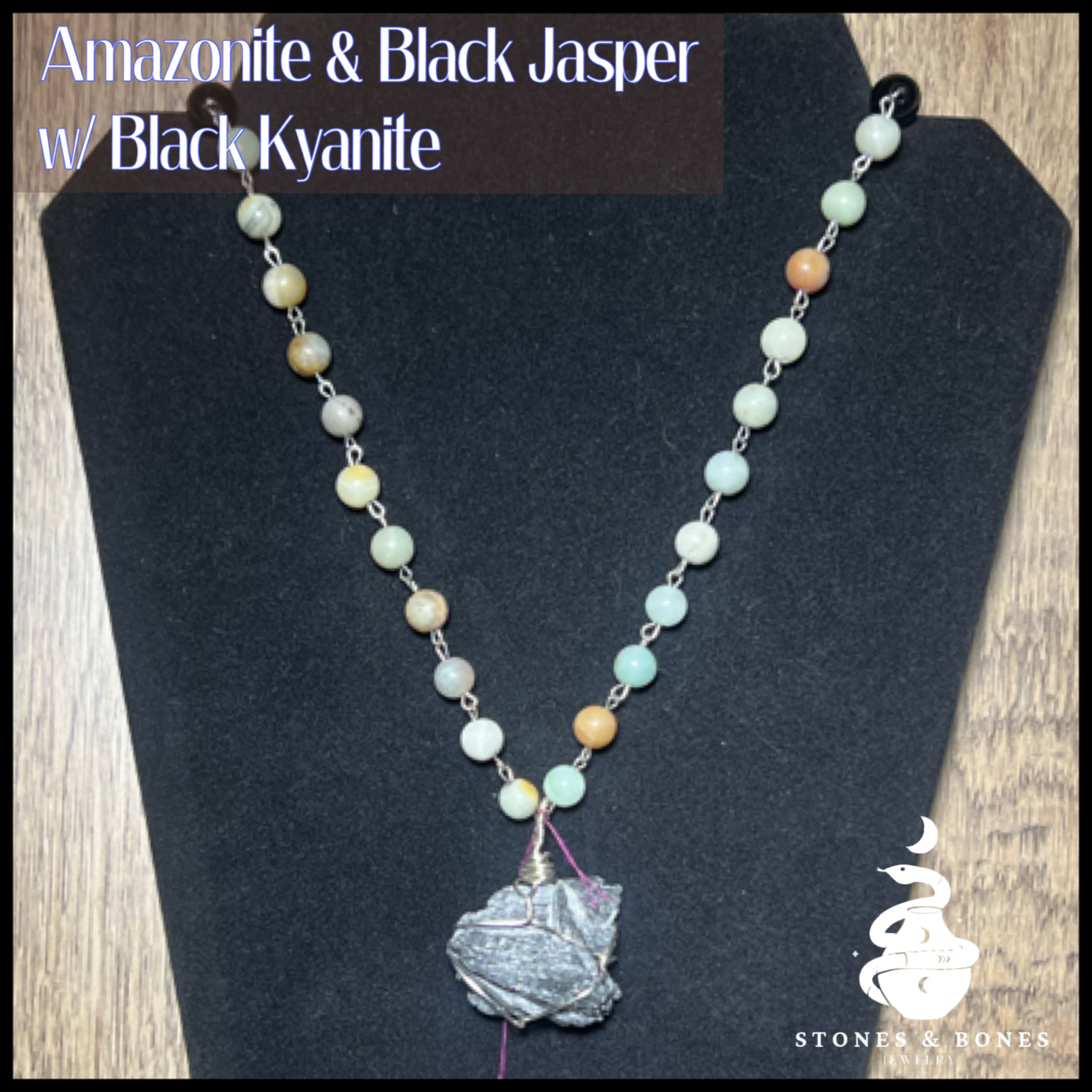 Necklace S&B 25" Amazonite/Black Jasper w/Black Kyanite