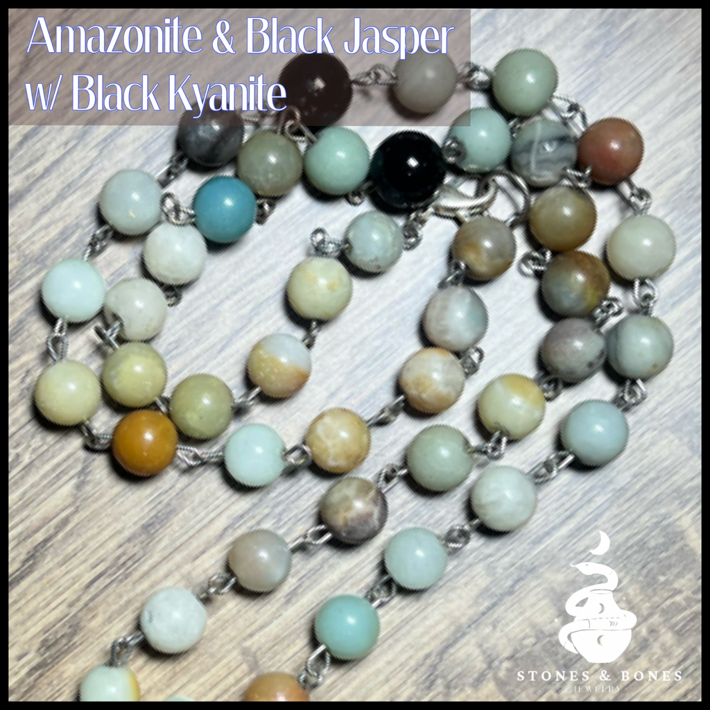 Necklace S&B 25" Amazonite/Black Jasper w/Black Kyanite