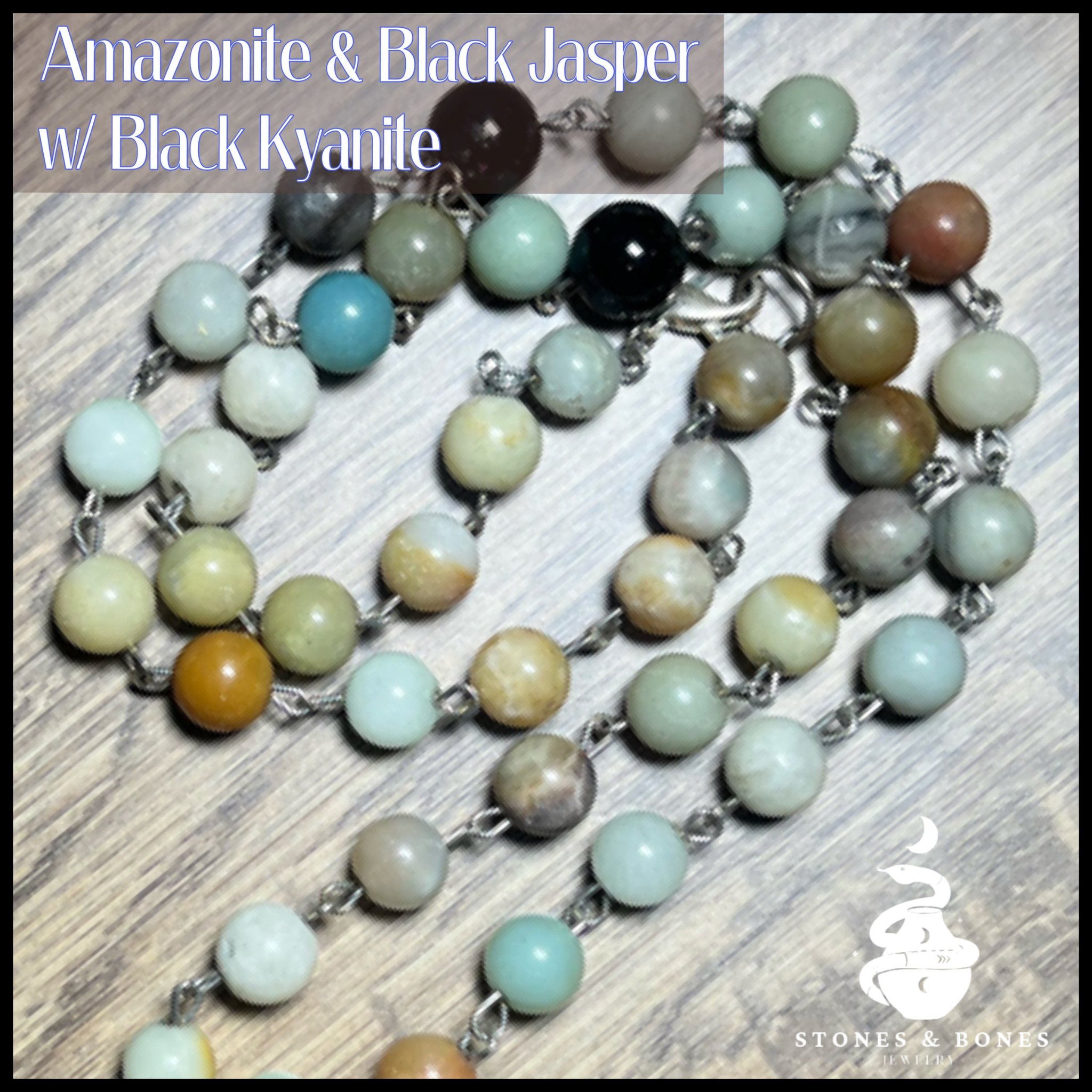 Necklace S&B 25" Amazonite/Black Jasper w/Black Kyanite