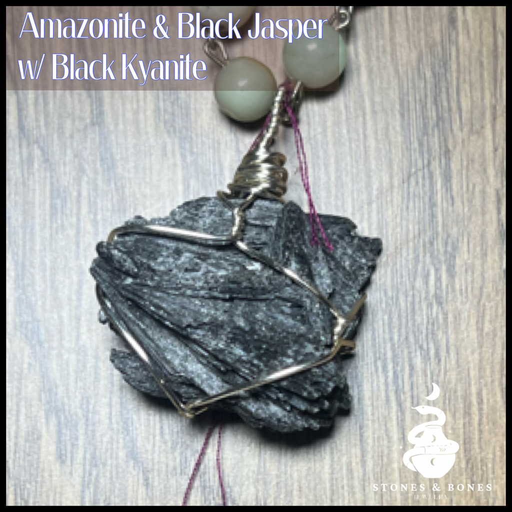 Necklace S&B 25" Amazonite/Black Jasper w/Black Kyanite