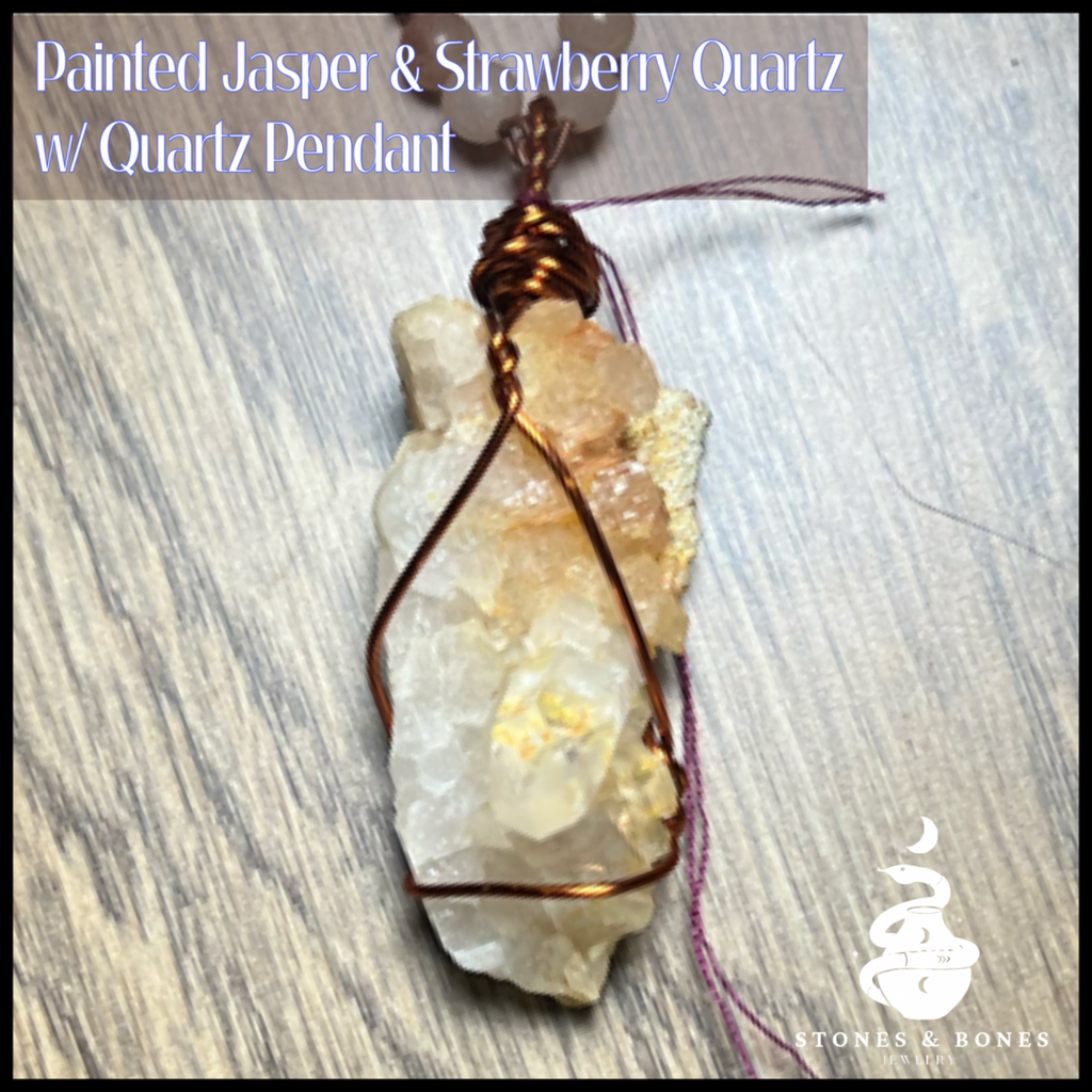 Necklace S&B 21" Painted Jasper/Strawberry Quartz w/Quartz Pendant