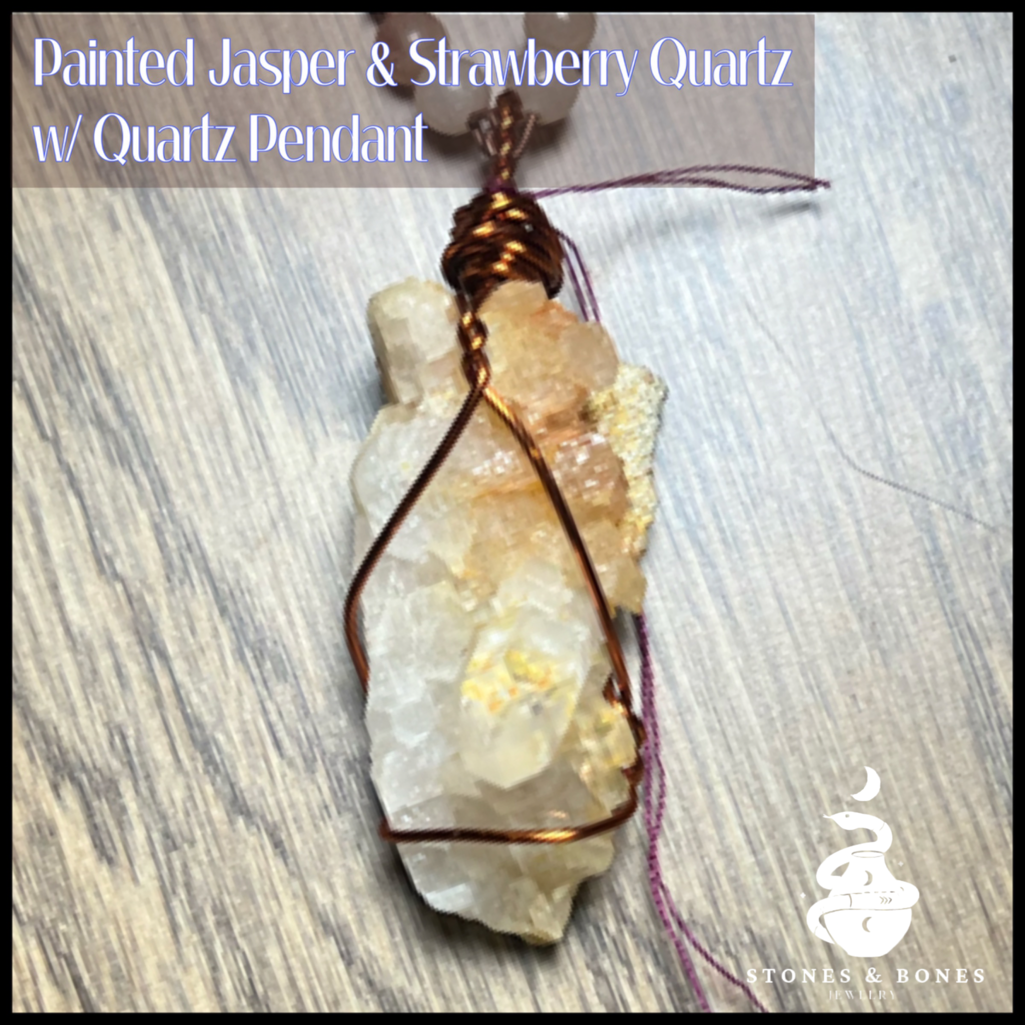 Necklace S&B 21" Painted Jasper/Strawberry Quartz w/Quartz Pendant