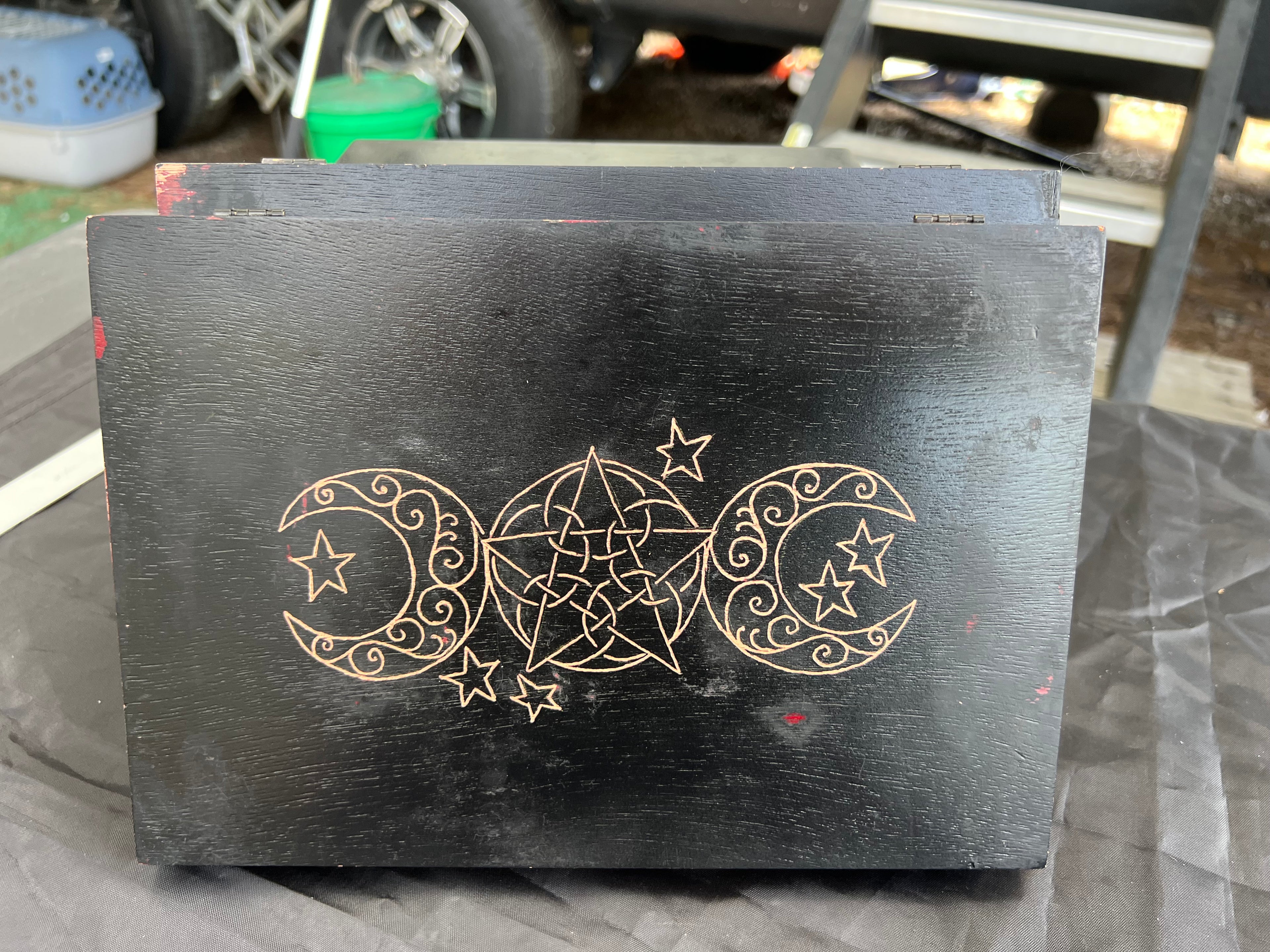 Box, Wood Engraved Pentacle Triple Moon | Handcrafted Wiccan Storage for Tarot & Altar Tools