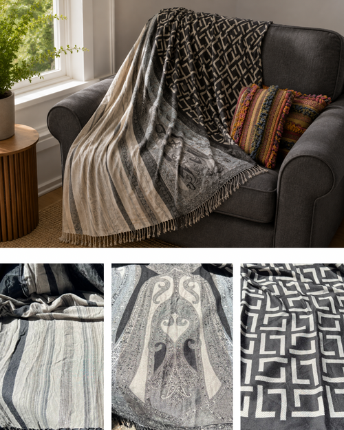 Blanket Boho Throw Neutrals - Upcycled Pashmina Scarf Throw