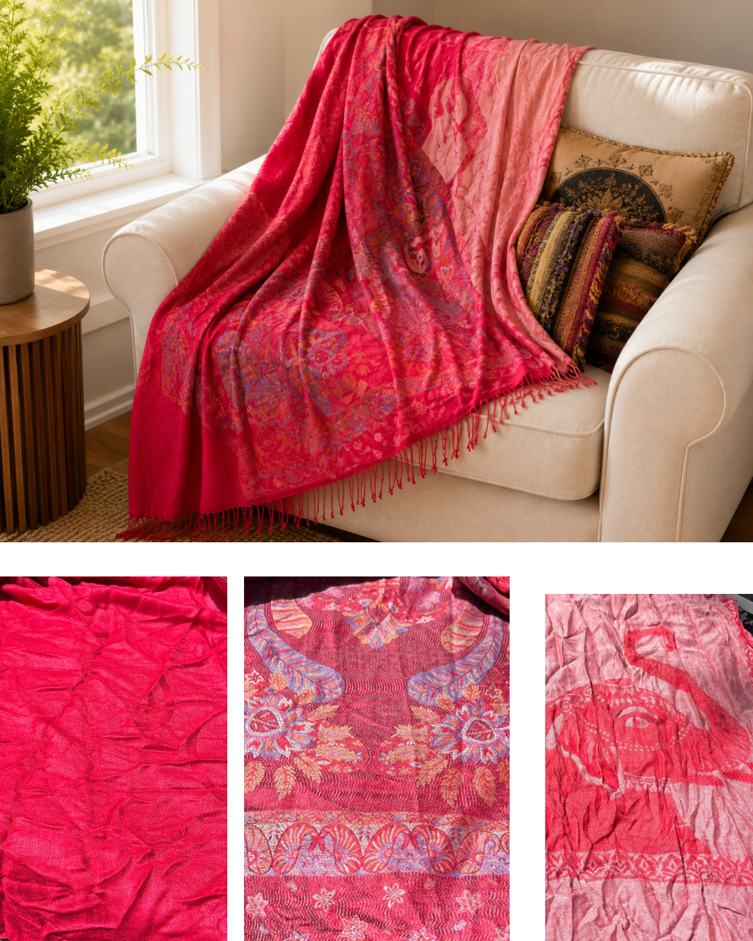 Blanket Boho Throw Reds - Upcycled Pashmina Scarf Throw