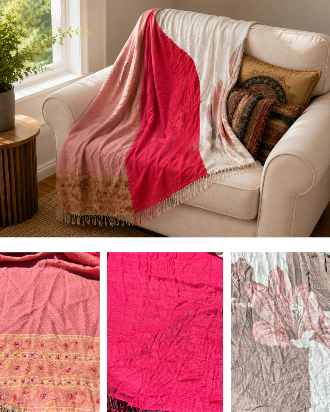 Blanket Boho Throw Reds - Upcycled Pashmina Scarf Throw