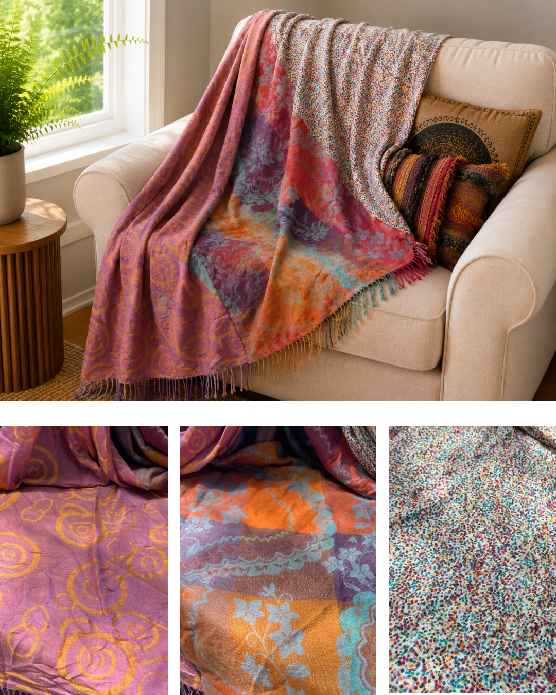 Blanket Boho Throw Oranges - Upcycled Pashmina Scarf Throw
