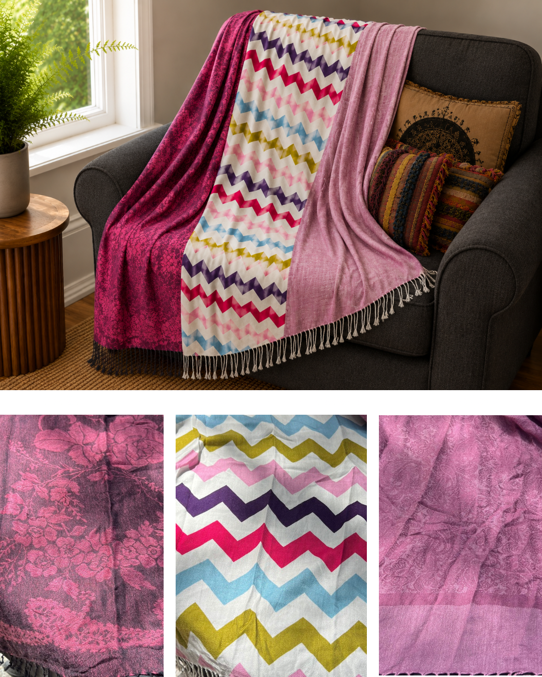 Blanket Boho Throw Pinks - Upcycled Pashmina Scarf Throw