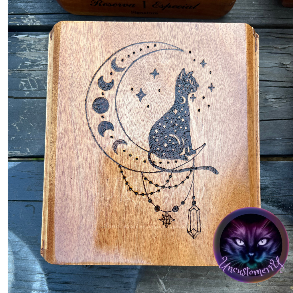 Box, Wood Burned Mystical Moon Cat | Handcrafted Mystical Storage for Tarot, Crystals & Altar Tools