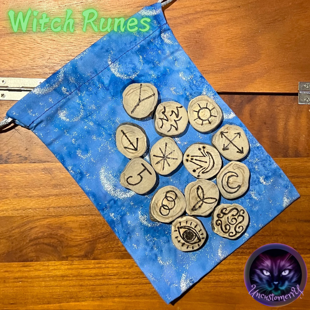 Runes, Witch Runes Wood 13pc | Wooden Symbol Rune Set with Drawstring Pouch (Intuitive Reading)
