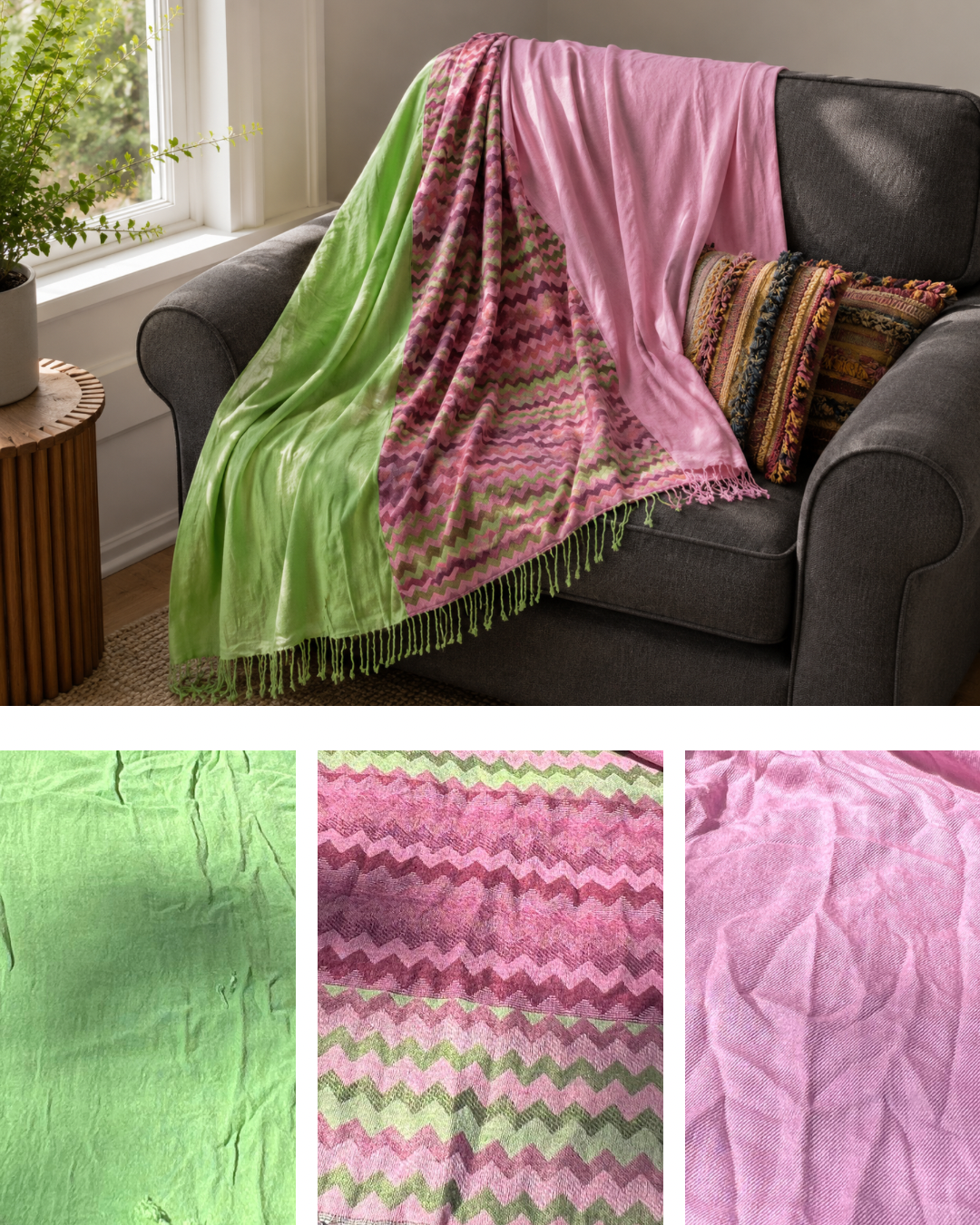Blanket Boho Throw Greens- Upcycled Pashmina Scarf Throw