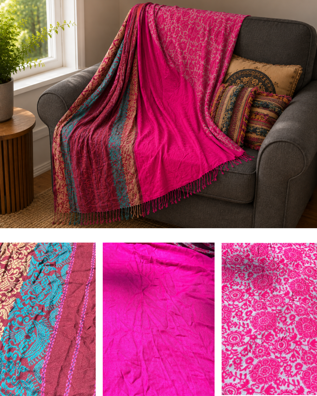 Blanket Boho Throw Pinks - Upcycled Pashmina Scarf Throw