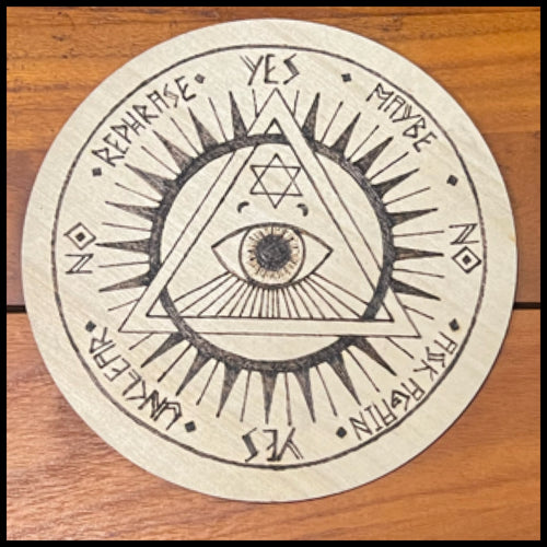 Board, Pendulum All-Seeing Eye 6" | Hand Wood-Burned Pendulum Board + Crystal Grid Back