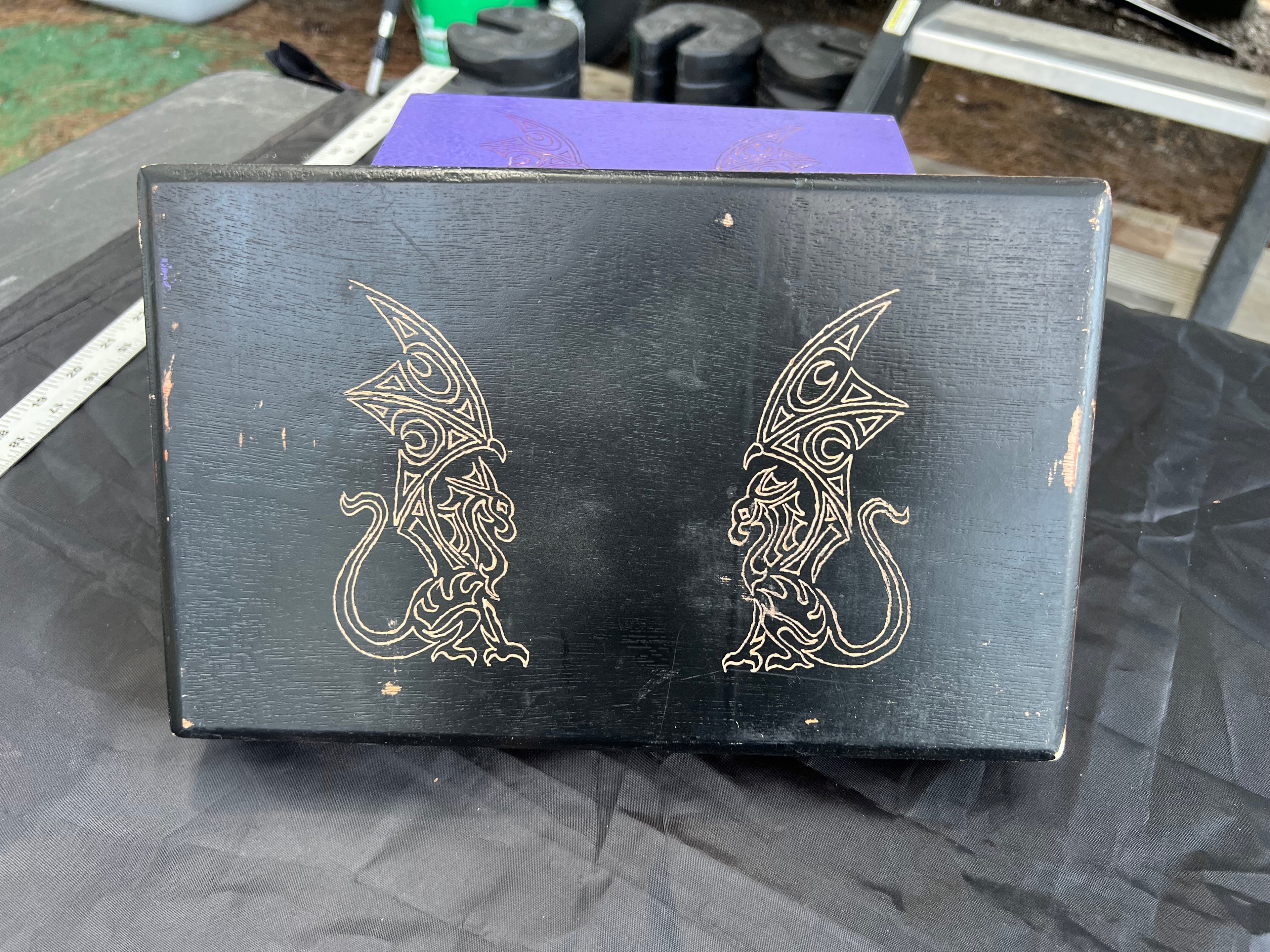 Box, Wood Engraved Double Dragon | Handcrafted Dragon Spirit Storage for Tarot & Crystals