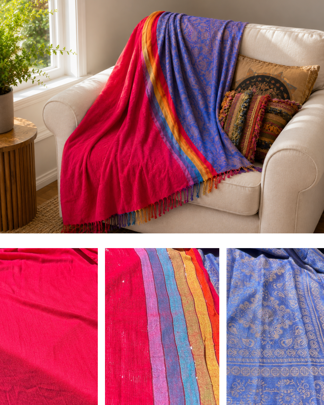 Blanket Boho Throw Reds - Upcycled Pashmina Scarf Throw