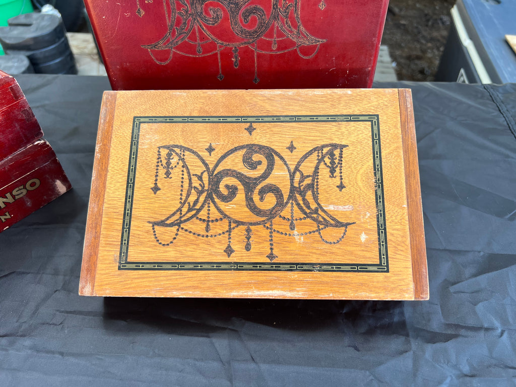 Box, Wood Burned Triple Moon Triskele | Handcrafted Goddess Storage for Tarot & Altar Tools