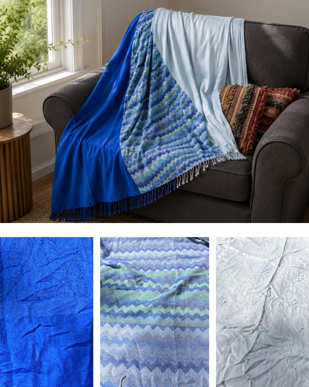 Blanket Boho Throw Blues - Upcycled Pashmina Scarf Throw