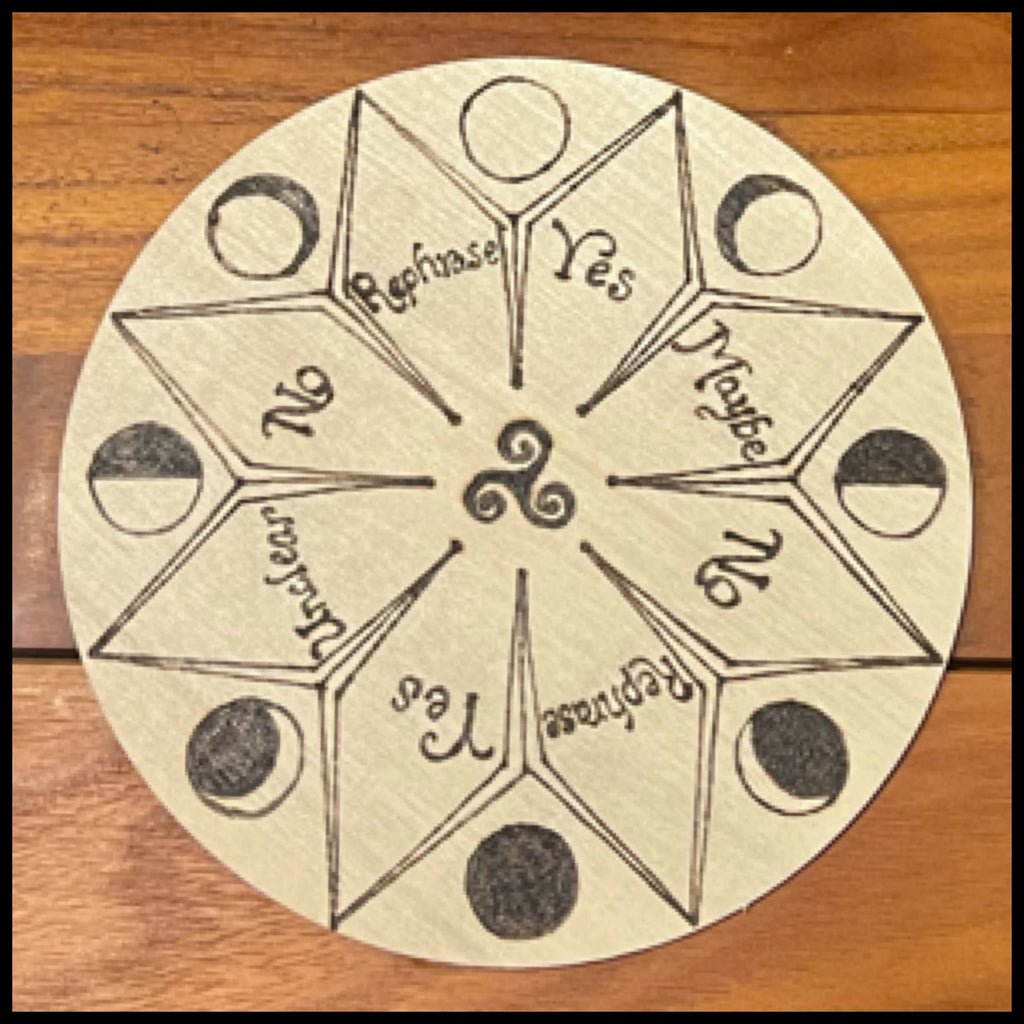 Board, Pendulum Moon Phase 6" | Hand Wood-Burned Pendulum Board + Crystal Grid Back