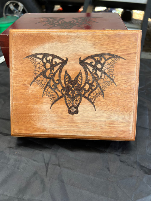 Box, Wood Burned Lace Bat | Handcrafted Gothic Storage for Tarot, Crystals & Altar Tools
