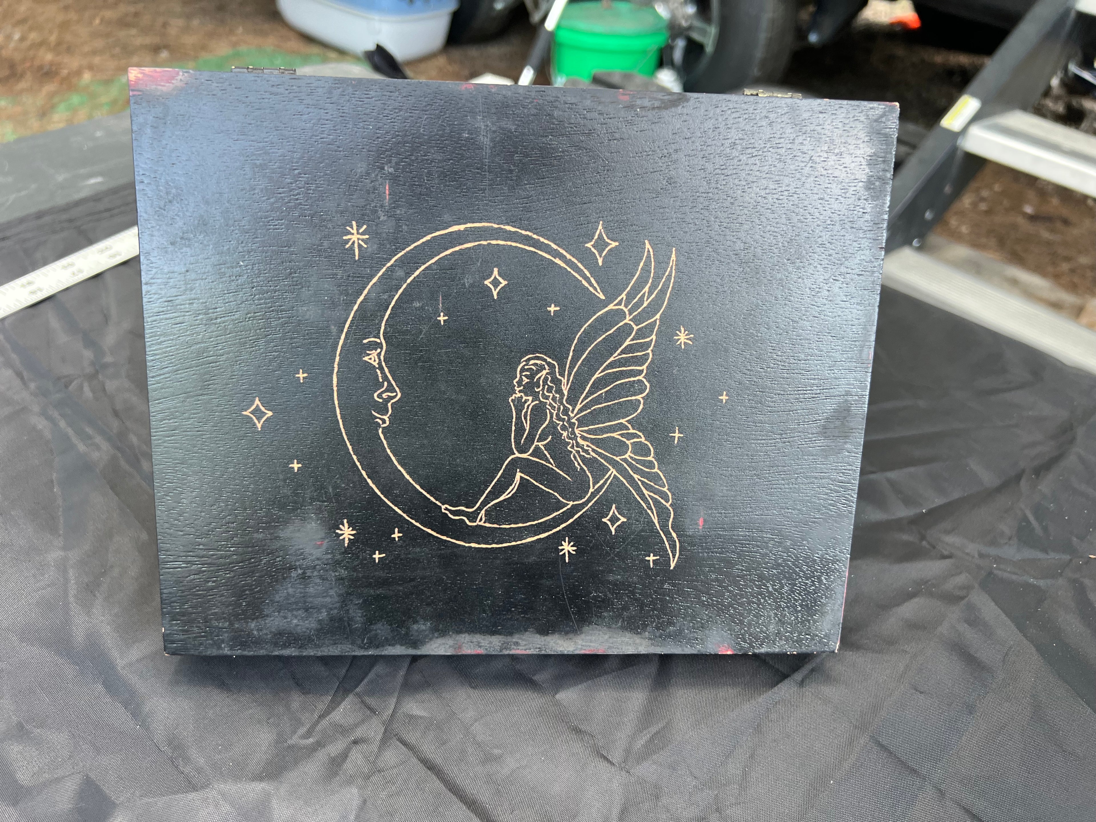 Box, Wood Engraved Fairy on Moon | Handcrafted Fae Storage for Tarot, Crystals & Treasures