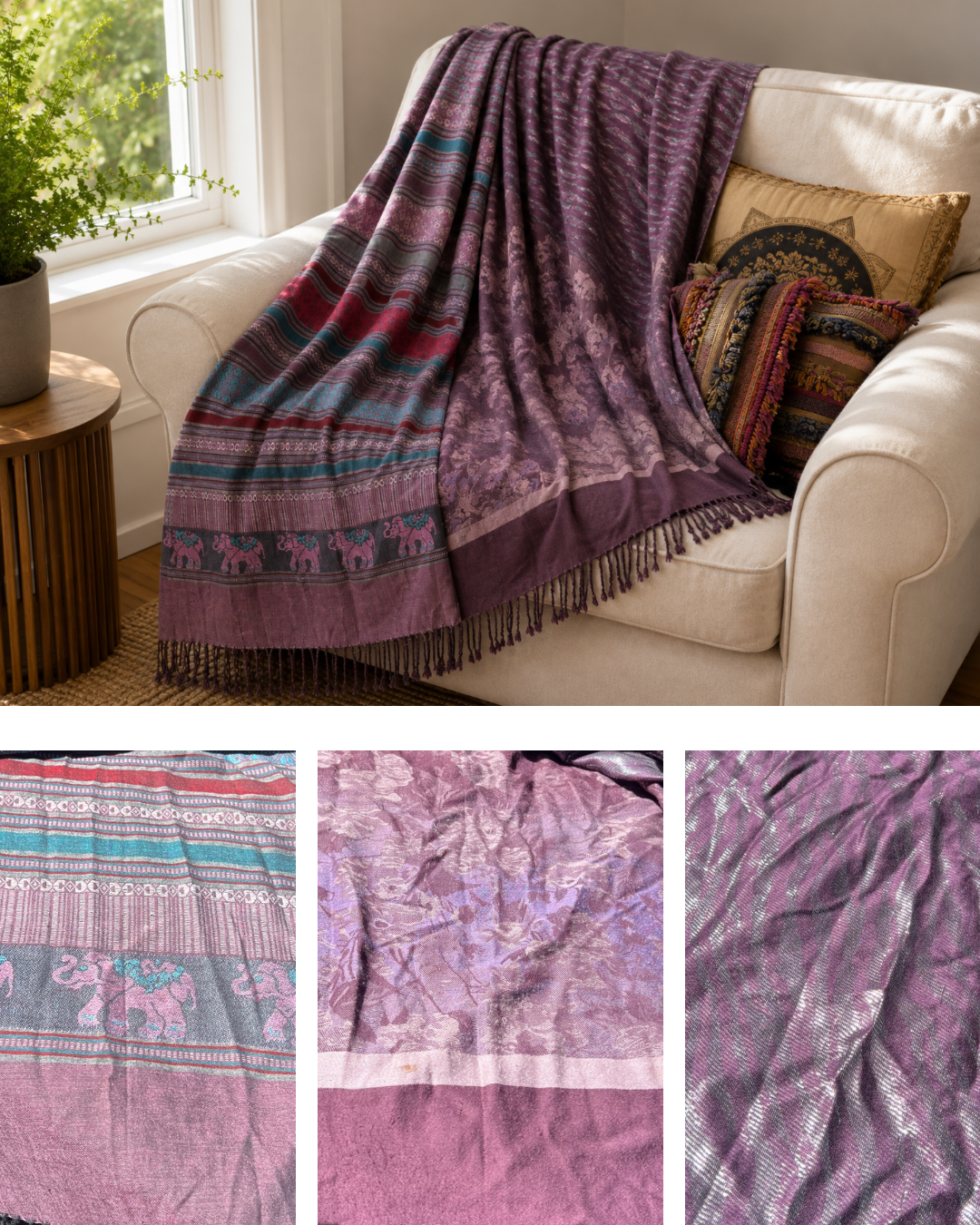 Blanket Boho Throw Purples - Upcycled Pashmina Scarf Throw