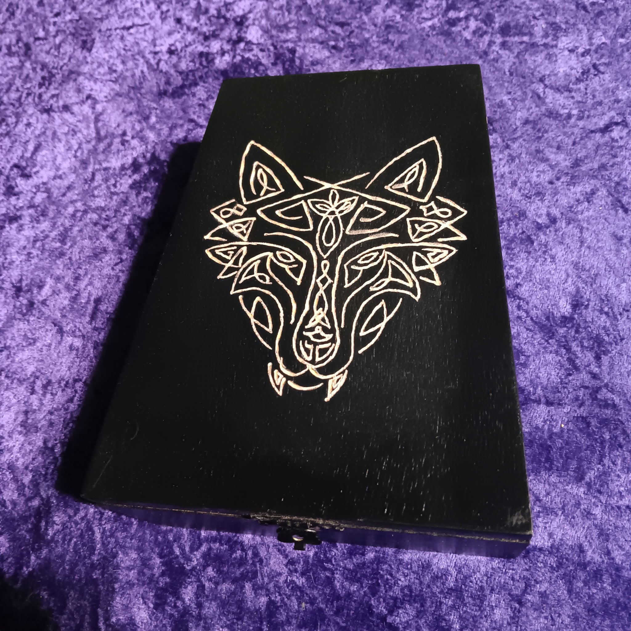 Box, Wood Engraved Celtic Wolf | Handcrafted Wolf Spirit Storage for Tarot, Crystals & Altar Tools