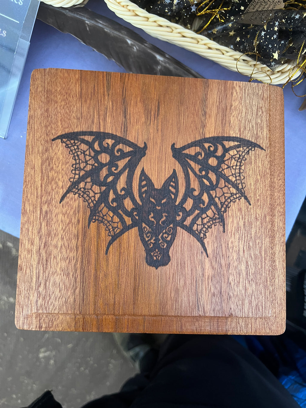 Box, Wood Burned Lace Bat | Handcrafted Gothic Storage for Tarot, Crystals & Altar Tools