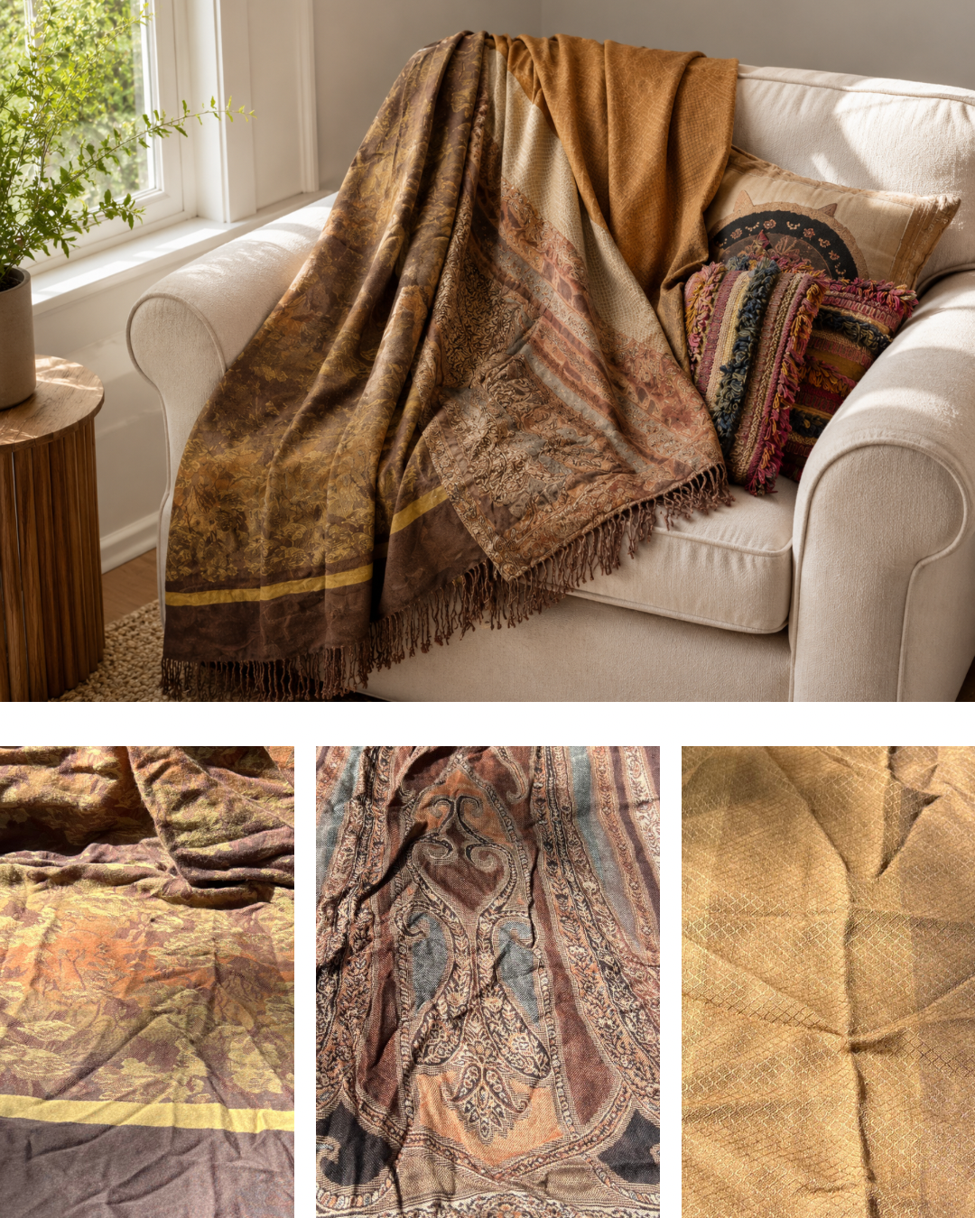 Blanket Boho Throw Neutrals - Upcycled Pashmina Scarf Throw
