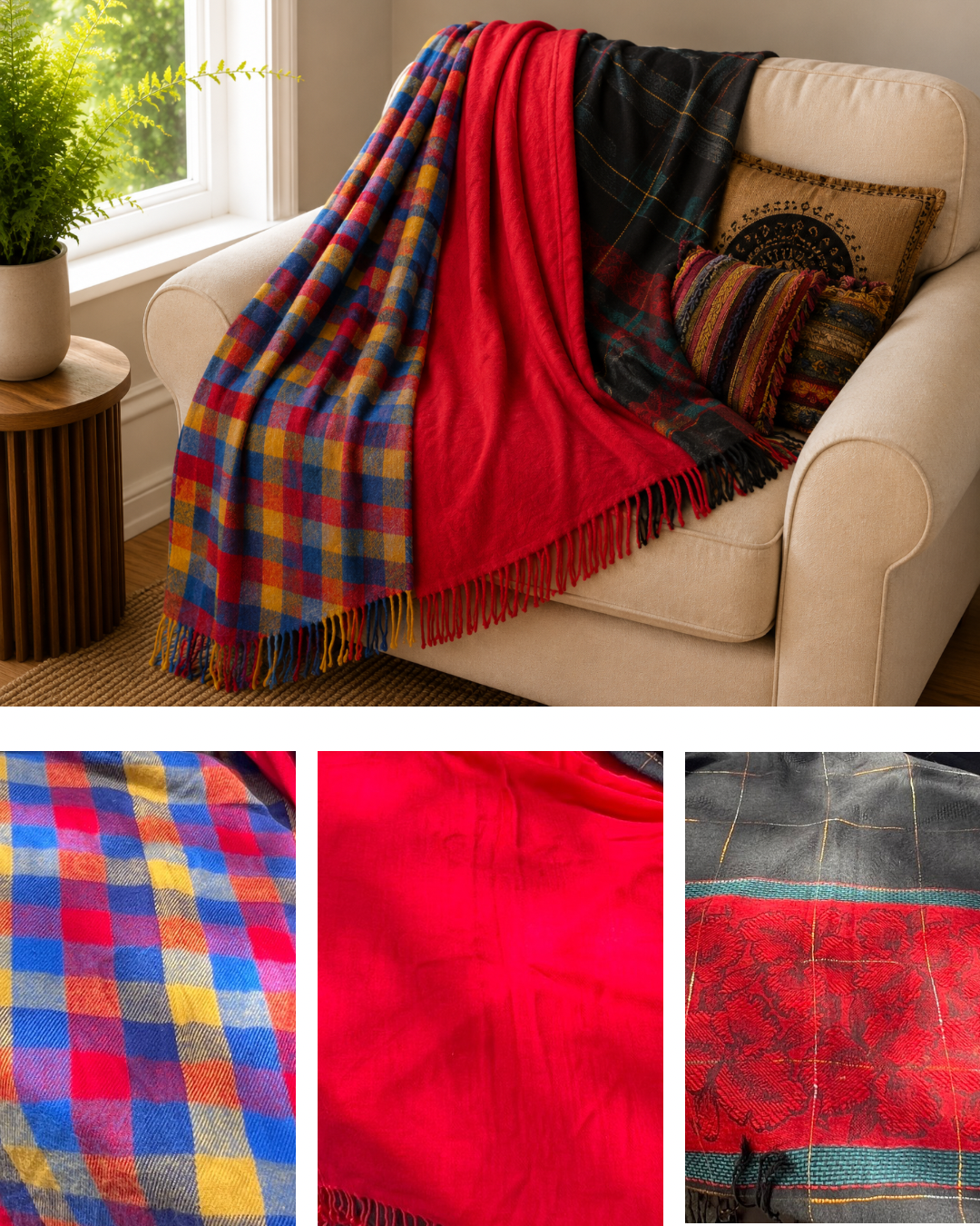 Blanket Boho Throw Reds - Upcycled Pashmina Scarf Throw
