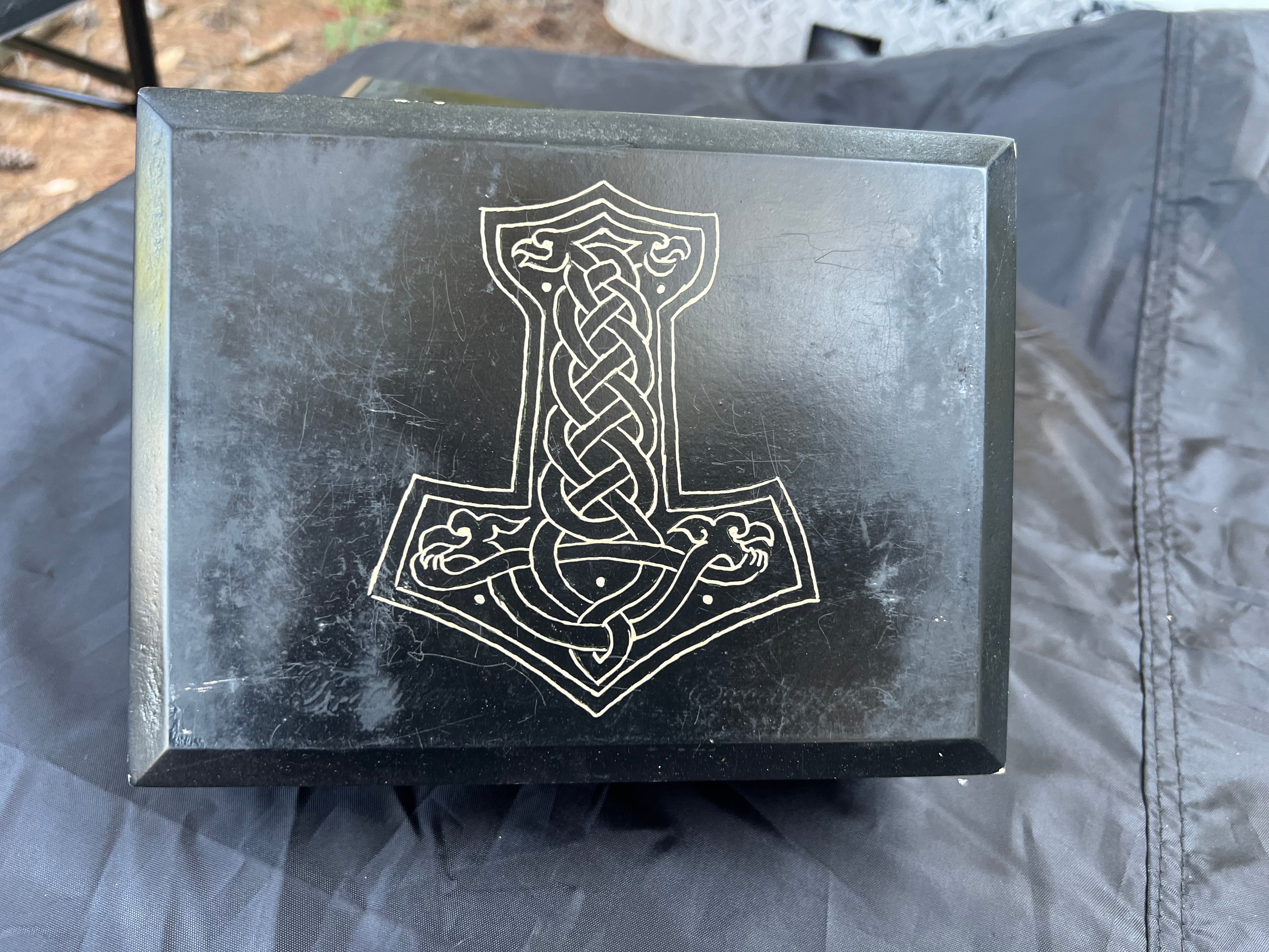 Box, Wood Engraved Thor's Hammer | Handcrafted Norse Mjolnir Storage for Tarot & Crystals