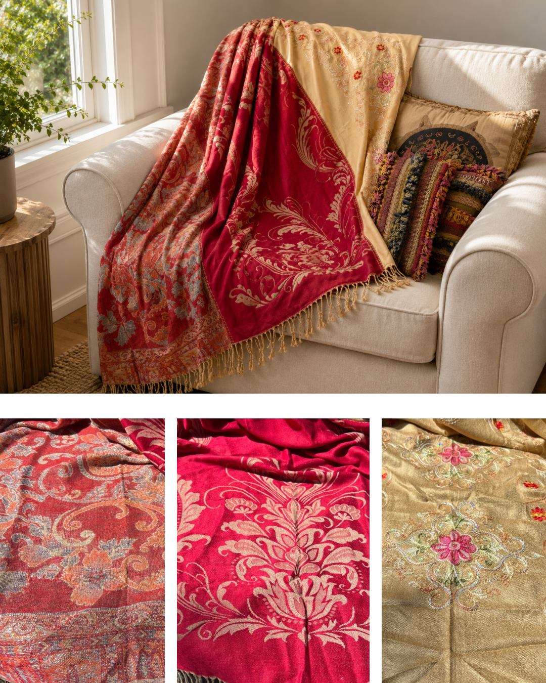 Blanket Boho Throw Reds - Upcycled Pashmina Scarf Throw