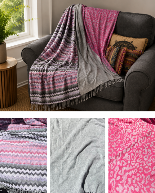 Blanket Boho Throw Pinks - Upcycled Pashmina Scarf Throw