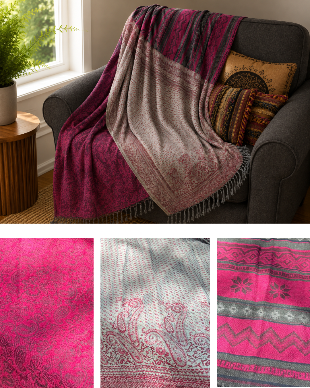 Blanket Boho Throw Pinks - Upcycled Pashmina Scarf Throw