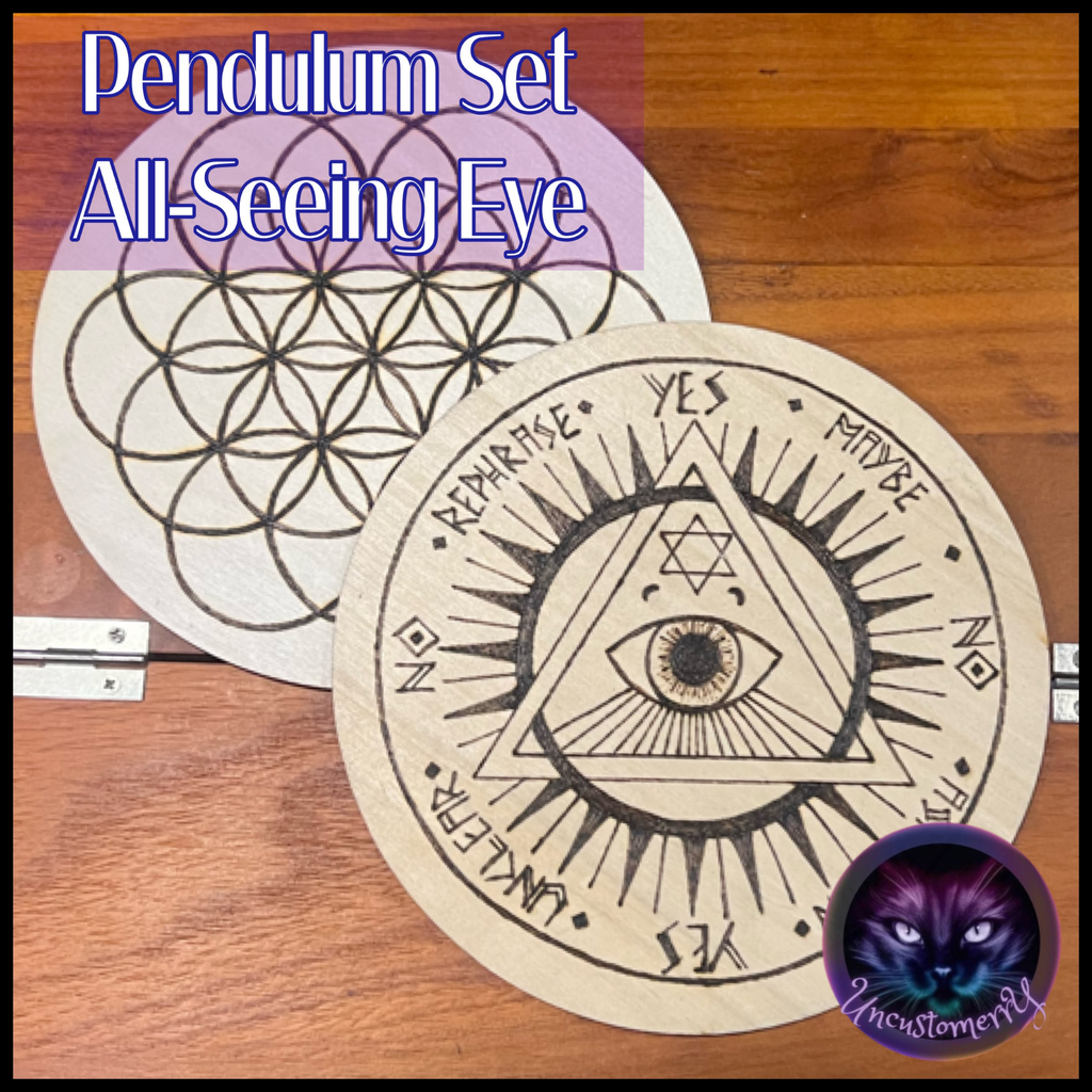 Board, Pendulum All-Seeing Eye 6" | Hand Wood-Burned Pendulum Board + Crystal Grid Back
