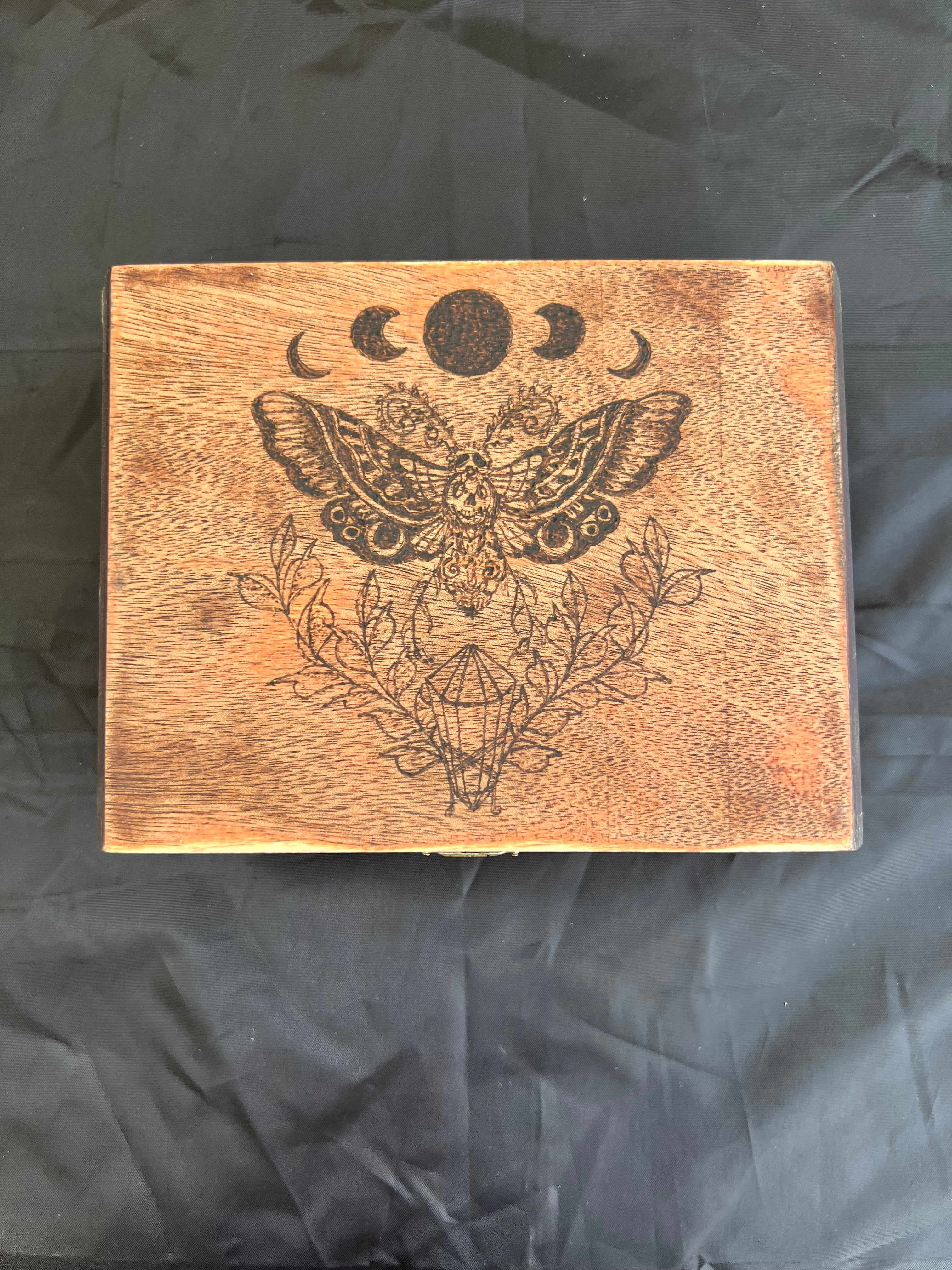 Box, Wood Burned Dark Moth | Handcrafted Mystical Storage for Tarot, Crystals & Altar Tools