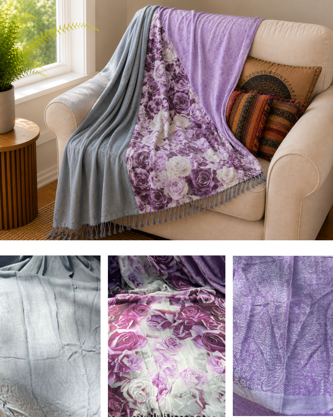 Blanket Boho Throw Purples - Upcycled Pashmina Scarf Throw