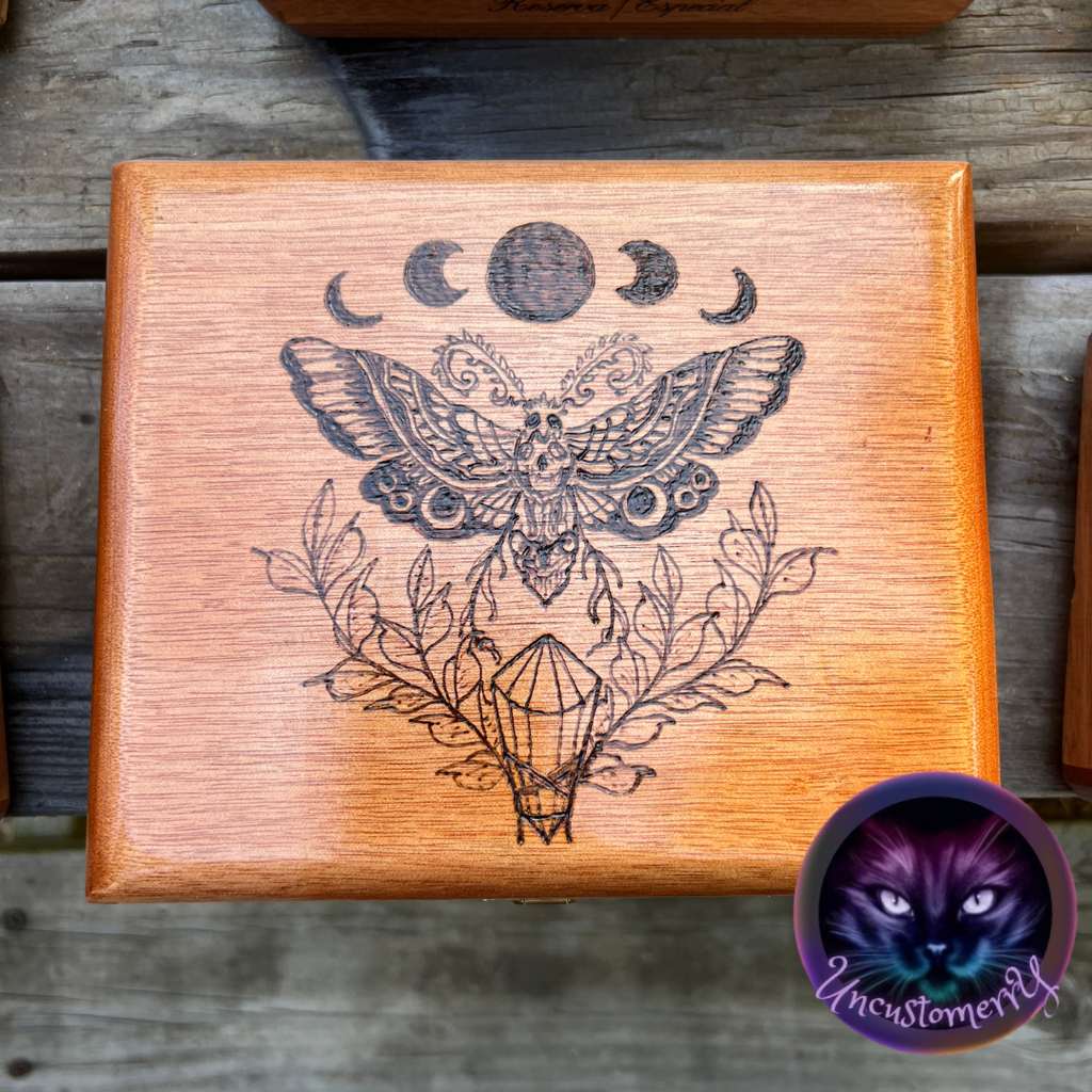 Box, Wood Burned Dark Moth | Handcrafted Mystical Storage for Tarot, Crystals & Altar Tools
