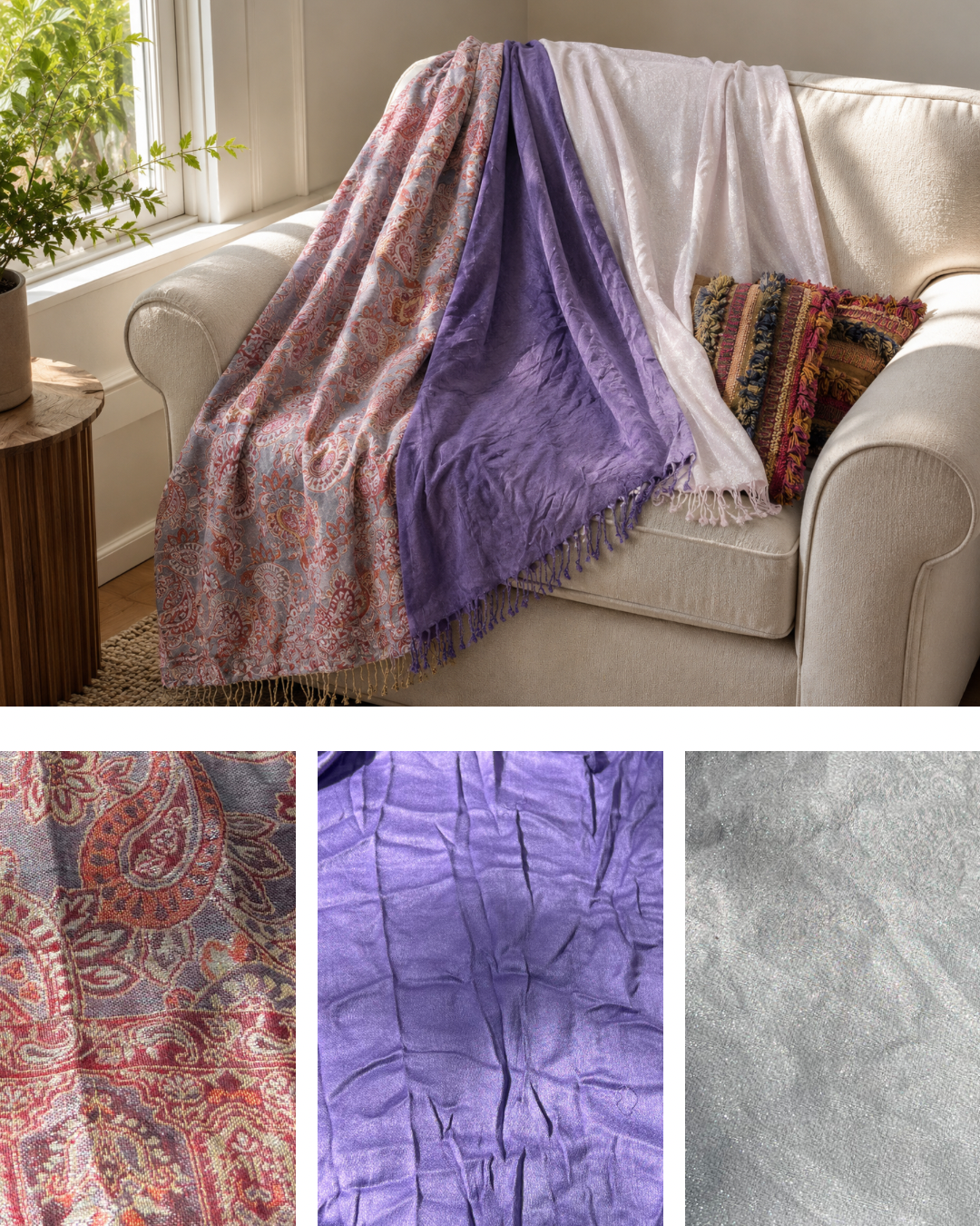 Blanket Boho Throw Purples - Upcycled Pashmina Scarf Throw