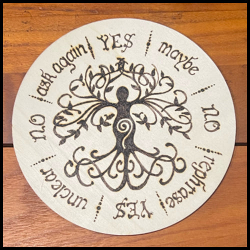 Board, Pendulum Tree Goddess 6" | Hand Wood-Burned Pendulum Board + Crystal Grid Back
