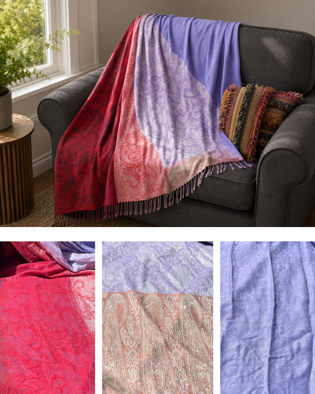 Blanket Boho Throw Reds - Upcycled Pashmina Scarf Throw