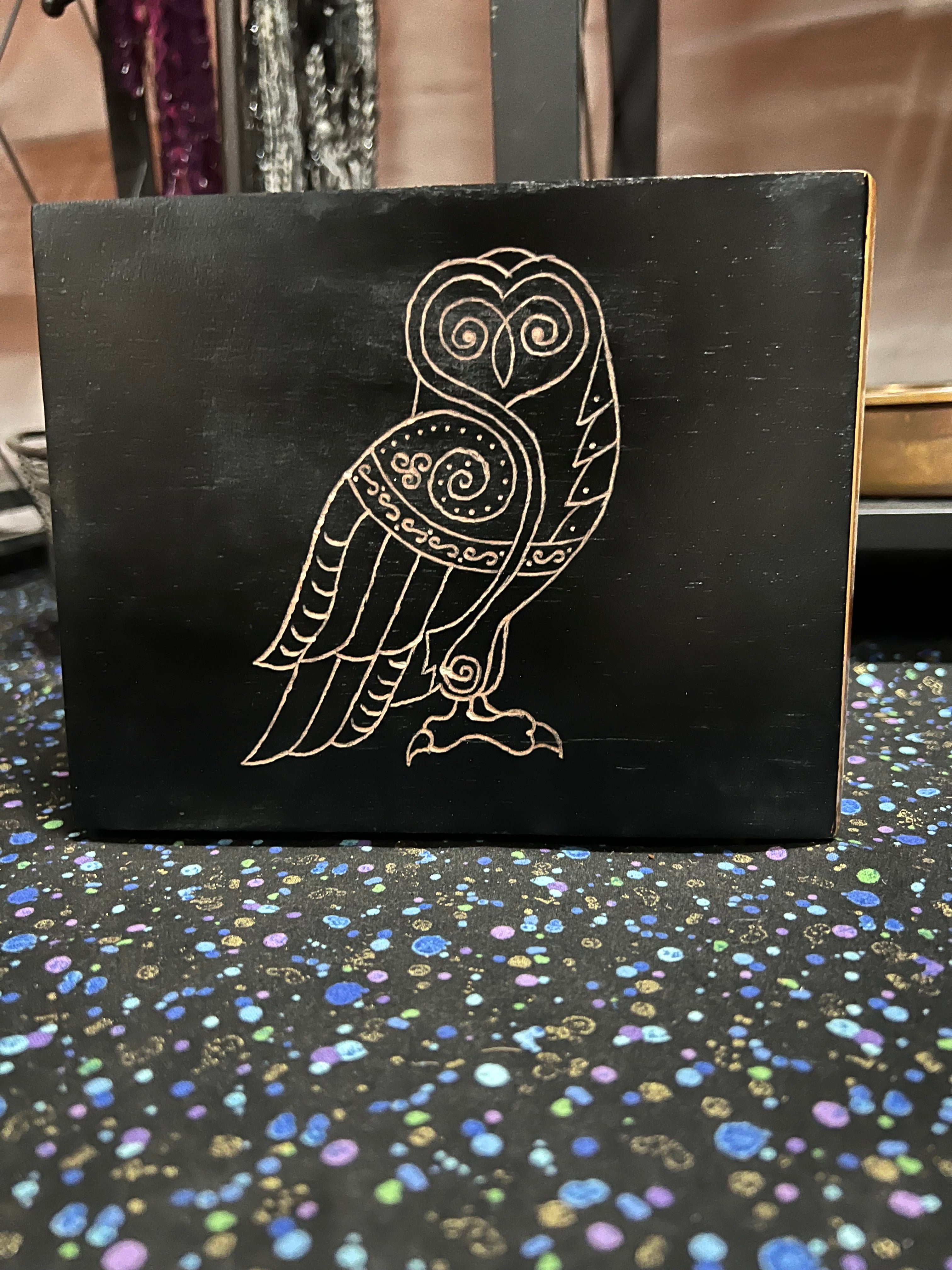 Box, Wood Engraved Celtic Owl | Handcrafted Wisdom Storage for Tarot, Crystals & Altar Tools