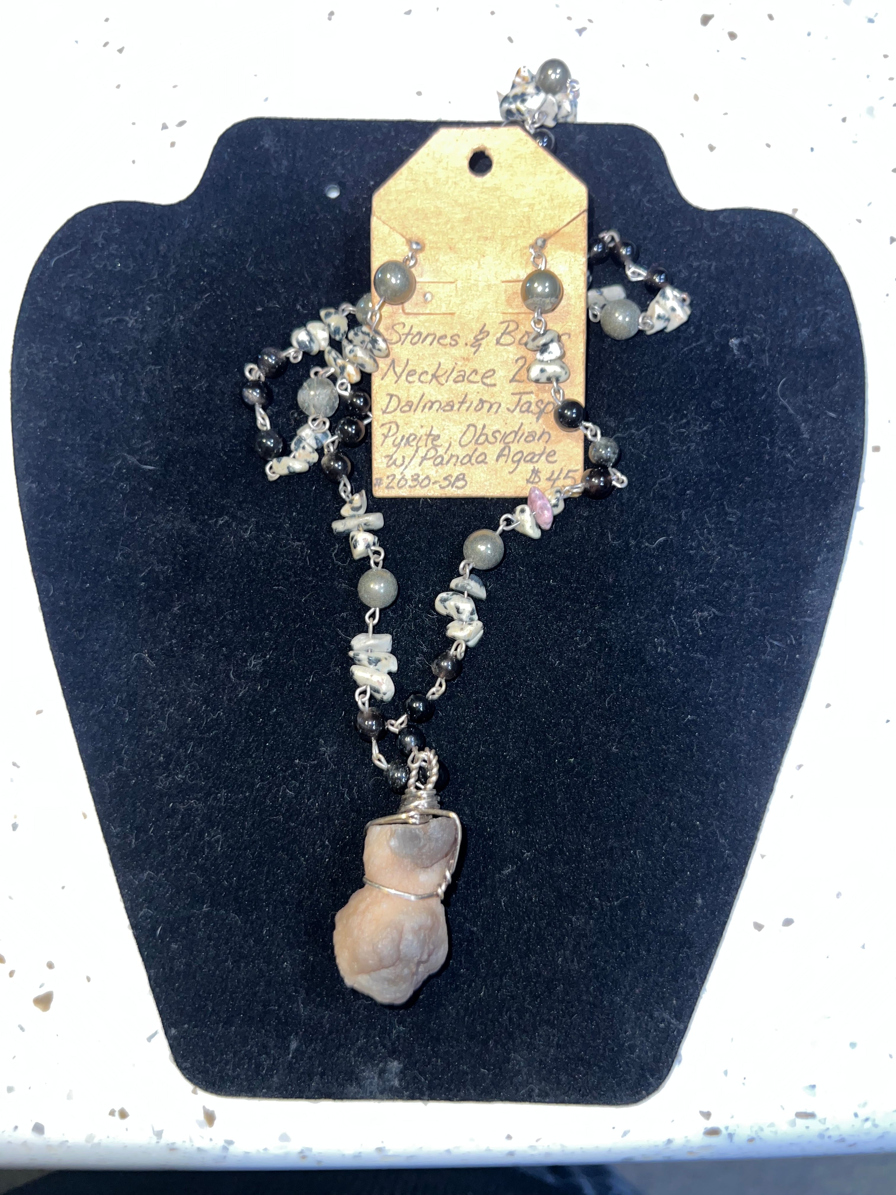 Necklace S&B 28” Dalmatian/Pyrite/Obsidian w/Panda