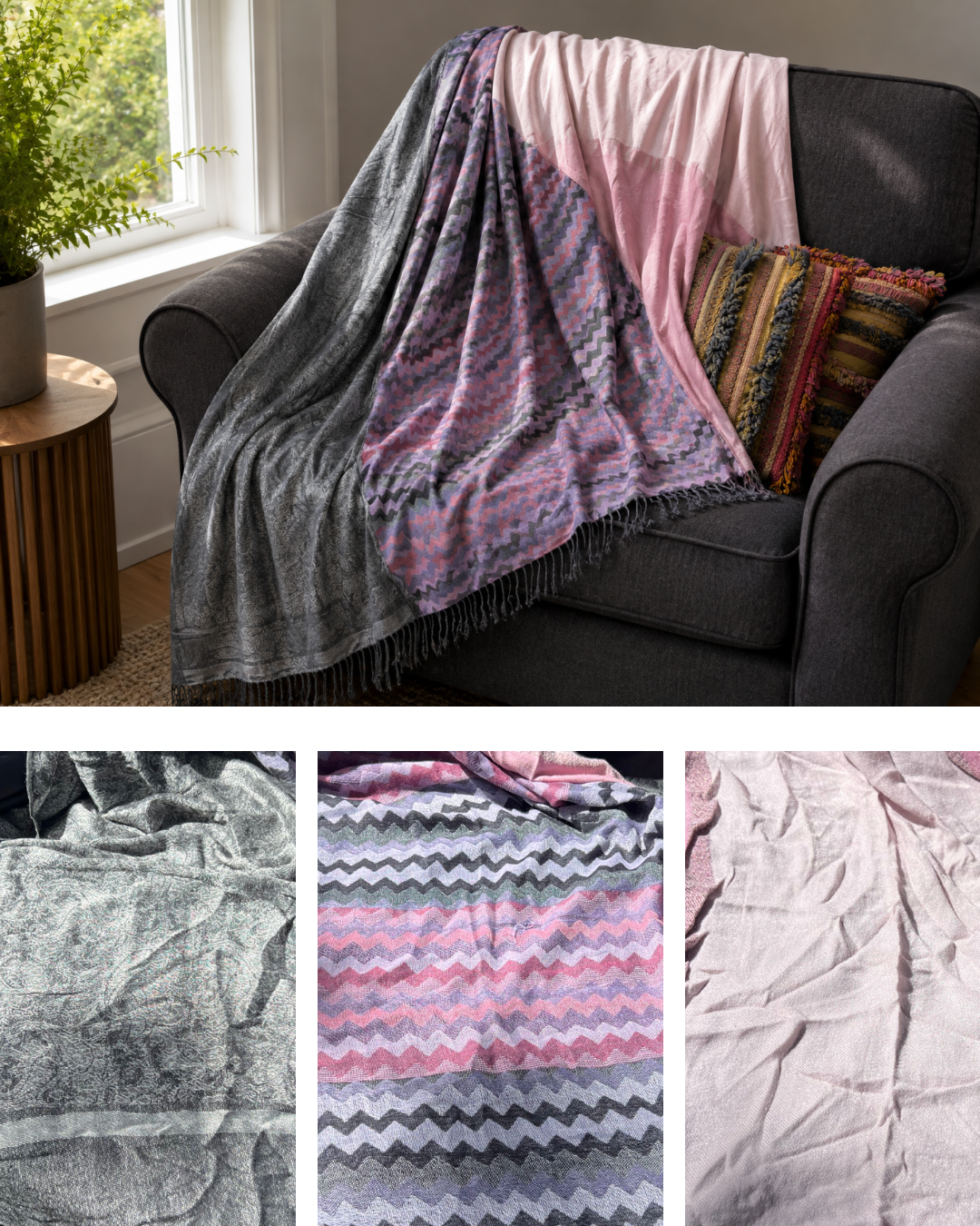 Blanket Boho Throw Pinks - Upcycled Pashmina Scarf Throw