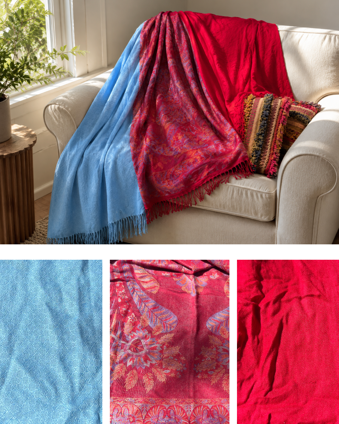 Blanket Boho Throw Reds - Upcycled Pashmina Scarf Throw