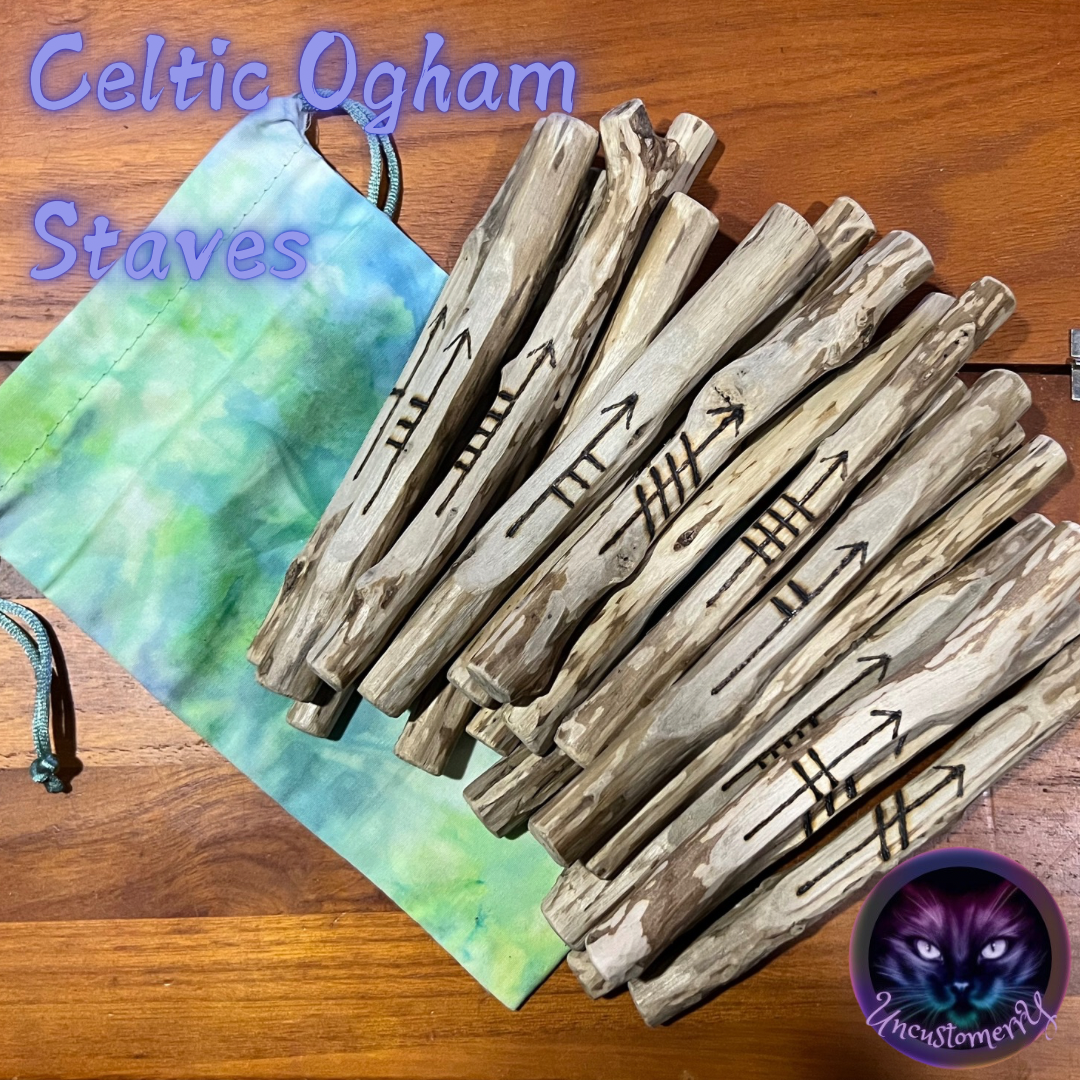 Staves, Ogham 20pc | Hand-Burned Celtic Ogham Staves with Drawstring Pouch (5–6")