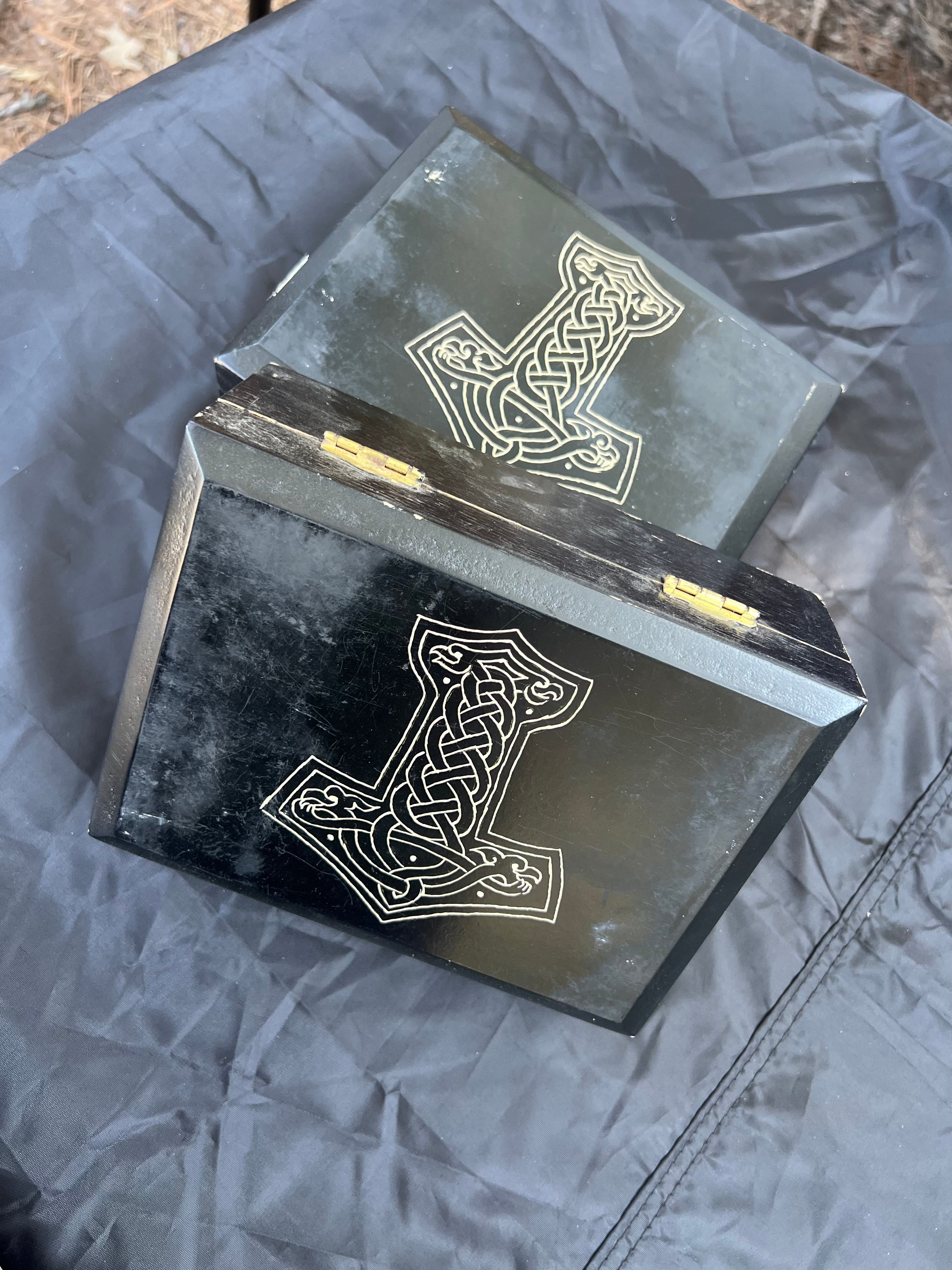 Box, Wood Engraved Thor's Hammer | Handcrafted Norse Mjolnir Storage for Tarot & Crystals