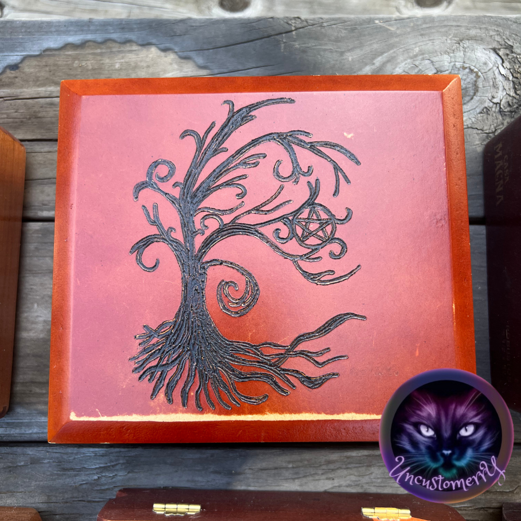 Box, Wood Burned Pentacle Tree | Handcrafted Pagan Storage for Tarot, Crystals & Altar Tools